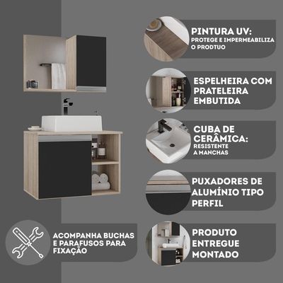 Conjunto Gabinete Banheiro Virtus 60cm - Gabinete + Cuba + Espelheira Madeirado Preto