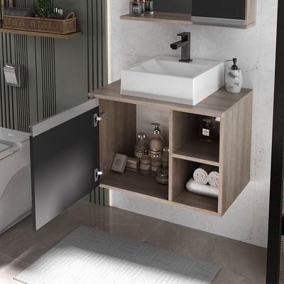 Conjunto Gabinete Banheiro Virtus 60cm - Gabinete + Cuba + Espelheira Madeirado Preto