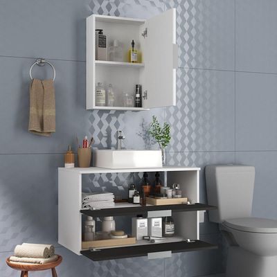 Conjunto Gabinete Banheiro Rubi 80cm - Gabinete + Cuba + Espelheira Branco Preto