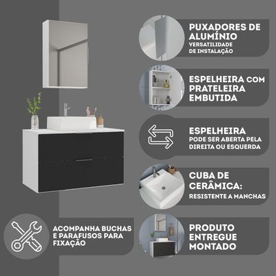 Conjunto Gabinete Banheiro Rubi 80cm - Gabinete + Cuba + Espelheira Branco Preto
