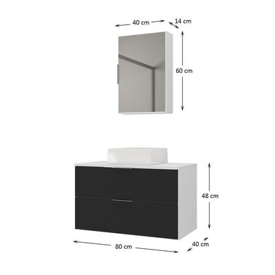 Conjunto Gabinete Banheiro Rubi 80cm - Gabinete + Cuba + Espelheira Branco Preto
