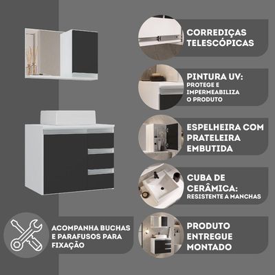 Conjunto Gabinete Banheiro Prisma 60cm - Gabinete + Cuba + Espelheira Branco Preto