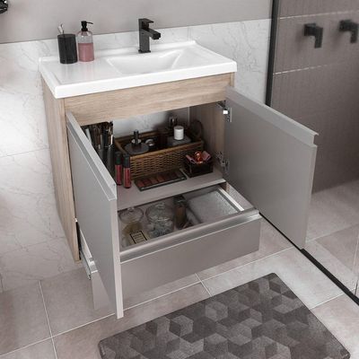 Conjunto Gabinete Banheiro Fox 60cm (gabinete + Cuba + Espelheira) Madeirado Cinza
