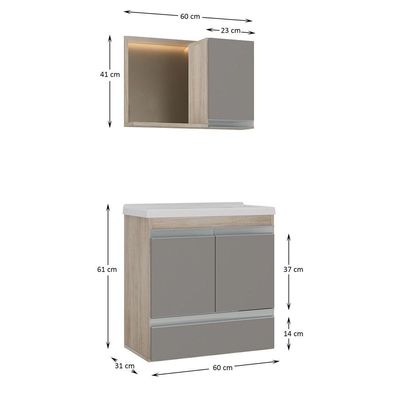 Conjunto Gabinete Banheiro Fox 60cm (gabinete + Cuba + Espelheira) Madeirado Cinza