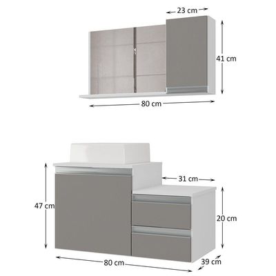 Conjunto Gabinete Banheiro Cross 80 (gabinete+espelheira+cuba) Branco Cinza