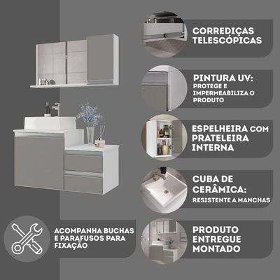 Conjunto Gabinete Banheiro Cross 80 (gabinete+espelheira+cuba) Branco Cinza