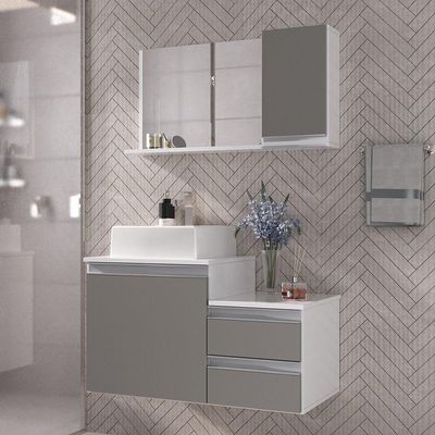 Conjunto Gabinete Banheiro Cross 80 (gabinete+espelheira+cuba) Branco Cinza