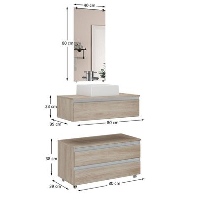 Conjunto De Gabinete Banheiro Creta 80cm (gabinete+cuba+espelheira) Madeirado Inteiro