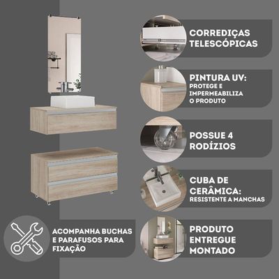 Conjunto De Gabinete Banheiro Creta 80cm (gabinete+cuba+espelheira) Madeirado Inteiro