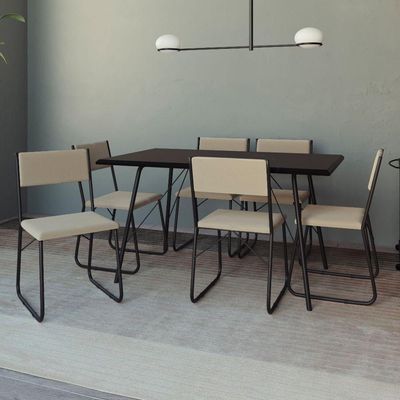 Mesa Jantar Paraty 150cm Tampo Preto Com Cadeiras 6 Cadeiras Angra Estofadas Preta E Bege Preto
