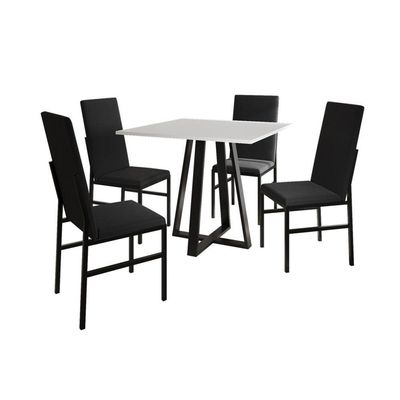 Conjunto De Jantar Mesa Mônaco Premium 90cm Branca Com 4 Cadeiras Estofadas Pretas Preto