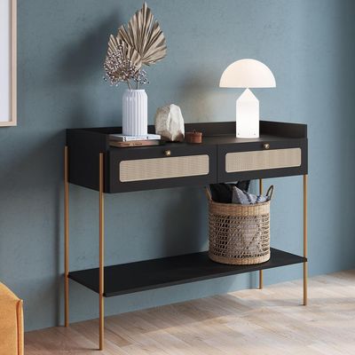 Aparador Para Sala de Estar 2 Gavetas Industrial Indy A03 Nero Dourado - Lyam Decor