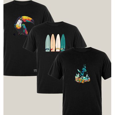 Kit 3 Camisetas Masculinas Pretas Algodão Prime WSS Brasil: Dive, Toucan e Artistic Surf M / Preto