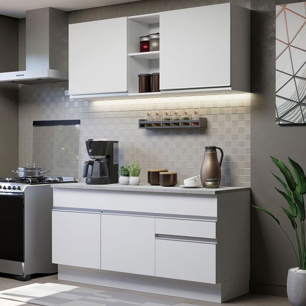 Cozinha Compacta Madesa Glamy 150001 com Armário e Balcão (Com Tampo) Branco Cor:Branco