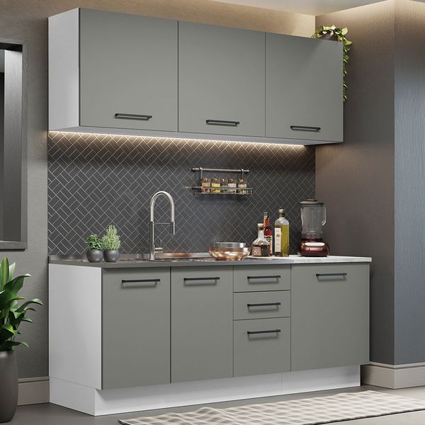 Cozinha Completa Madesa Agata 180001 com Armário e Balcão (Sem Tampo e Pia) Branco/Cinza Cor:Branco Cinza