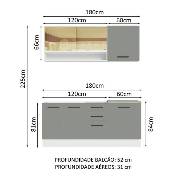 Cozinha Completa Madesa Agata 180002 com Armário e Balcão (Sem Tampo e Pia) Branco/Cinza Cor:Branco Cinza