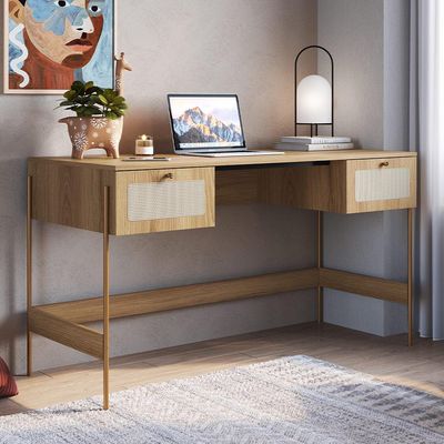 Mesa Escrivaninha Home Office 2 Gavetas Industrial Indy A03 Hanover Dourado - Lyam Decor