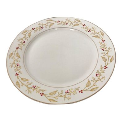 Prato Raso De Cerâmica 27cm Elegância Natalina Com Ramos Dourados E Frutas Vermelhas