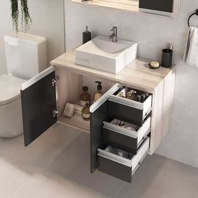 Conjunto Gabinete Banheiro Prisma 80cm Gabinete + Cuba + Espelheira Com Vidro Madeirado Preto