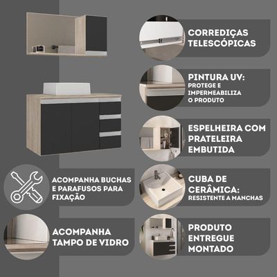 Conjunto Gabinete Banheiro Prisma 80cm Gabinete + Cuba + Espelheira Com Vidro Madeirado Preto