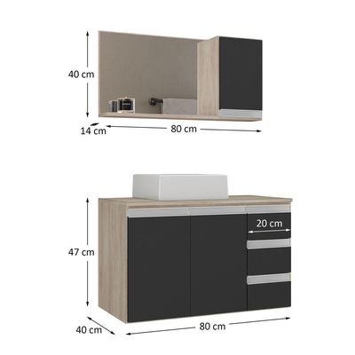 Conjunto Gabinete Banheiro Prisma 80cm Gabinete + Cuba + Espelheira Com Vidro Madeirado Preto