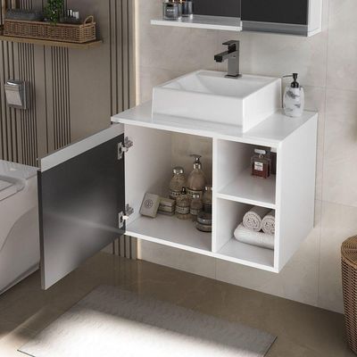 Conjunto Gabinete Banheiro Virtus 60cm - Gabinete + Cuba + Espelheira Branco Preto