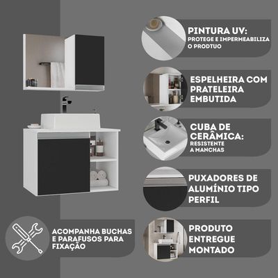 Conjunto Gabinete Banheiro Virtus 60cm - Gabinete + Cuba + Espelheira Branco Preto