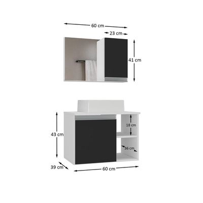 Conjunto Gabinete Banheiro Virtus 60cm - Gabinete + Cuba + Espelheira Branco Preto