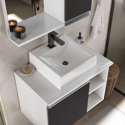 Conjunto Gabinete Banheiro Virtus 60cm - Gabinete + Cuba + Espelheira Branco Preto