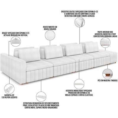Sofá Ilha com Puff para Sala Living 425cm Amber M03 Bouclê Branco - Lyam Decor