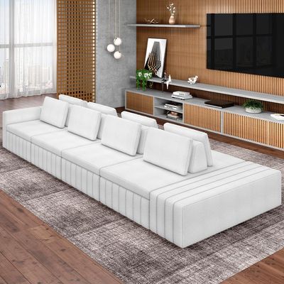 Sofá Ilha com Puff para Sala Living 425cm Amber M03 Bouclê Branco - Lyam Decor
