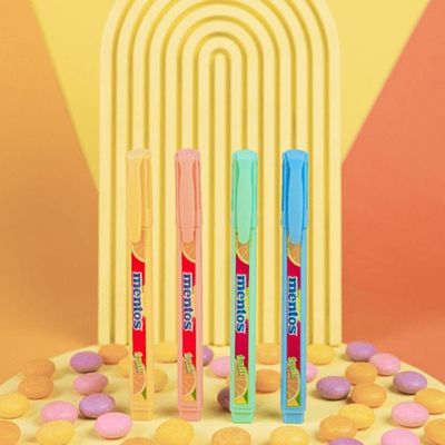 Kit Caneta Esferográfica Jet Lux Mentos + Marca Texto Mentos Com Cheirinho Destaq 4 Cores Pastel