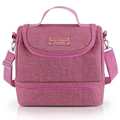 Bolsa Térmica Com 2 Compartimentos Pote Marmita e Garrafa Porta Talher e Porta Escova Rosa