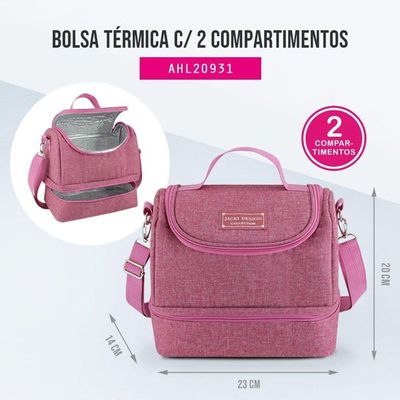 Bolsa Térmica Com 2 Compartimentos Pote Marmita e Garrafa Porta Talher e Porta Escova Rosa