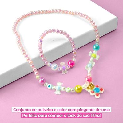 Relogio Digital Infantil Led + Colar Pink Garota Presente Ursinho Social Led Ajustavel Miçanga