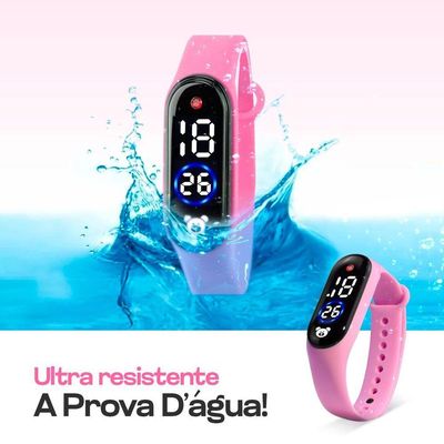 Relogio Digital Infantil Led + Colar Pink Garota Presente Ursinho Social Led Ajustavel Miçanga
