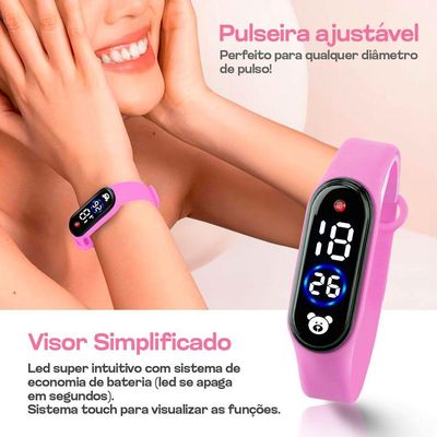 Relogio Digital Infantil Led + Colar Pink Garota Presente Ursinho Social Led Ajustavel Miçanga