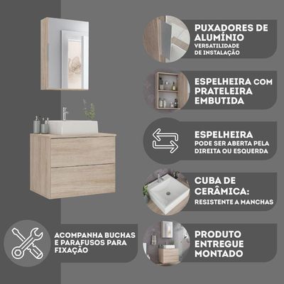 Conjunto Gabinete Banheiro Rubi 60cm Gabinete + Cuba + Espelheira Madeirado Inteiro