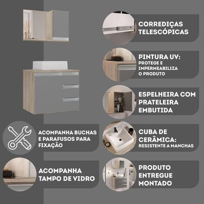 Conjunto Gabinete Banheiro Prisma 60cm Gabinete + Cuba + Espelheira Com Vidro Madeirado Cinza