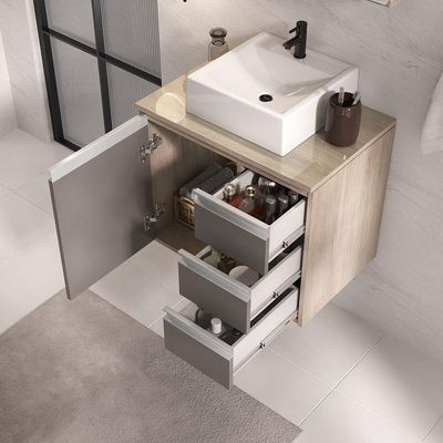 Conjunto Gabinete Banheiro Prisma 60cm Gabinete + Cuba + Espelheira Com Vidro Madeirado Cinza