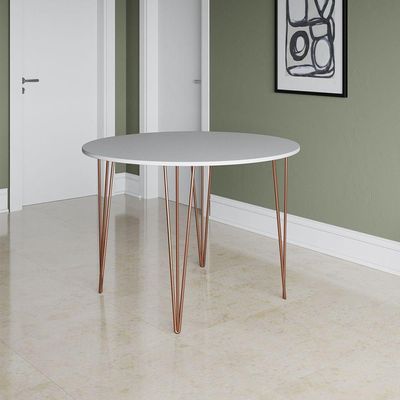 Mesa Jantar Redonda Branca Hairpin 110cm Elen Base Cobre Branco