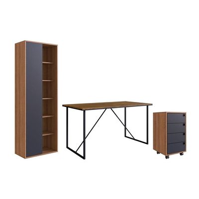 Conjunto de Escrivaninha Steel Wood com Gaveteiro 4 GV e Estante Livreiro Office 1 PT Grafite e Mel
