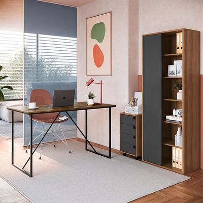 Conjunto de Escrivaninha Steel Wood com Gaveteiro 4 GV e Estante Livreiro Office 1 PT Grafite e Mel