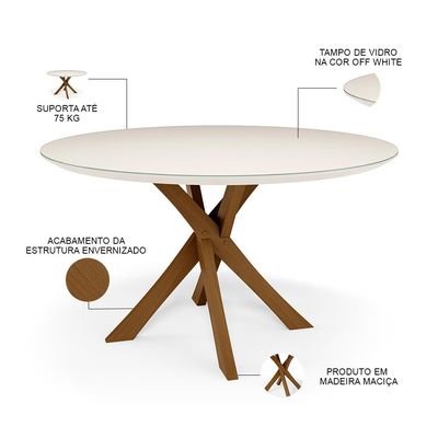 Mesa De Jantar 4 Lugares Tampo de Vidro Redonda Cora 120 cm M04 Off White - Lyam