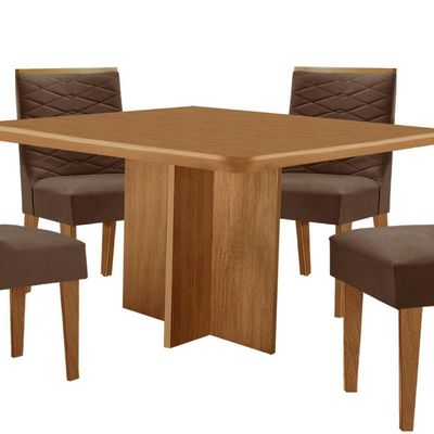 Mesa Olimpia 90 Mdf Canto Copo E Com 4 Cadeiras Safira Veludo Marrom/naturalle/naturalle