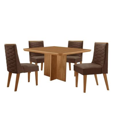 Mesa Olimpia 90 Mdf Canto Copo E Com 4 Cadeiras Safira Veludo Marrom/naturalle/naturalle
