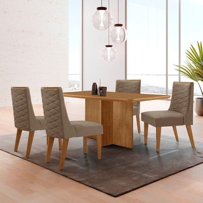 Mesa Olimpia 120 Mdf Canto Copo E Com 4 Cadeiras Safira Veludo Capuccino/naturalle/naturalle