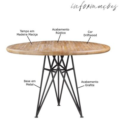 Mesa Sala de Jantar Cozinha Monary Redonda 110cm Grafite Madeira Maciça Driftwood - Gran Belo