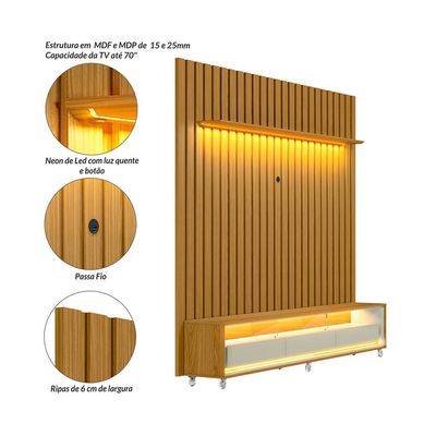 Rack com Painel Ripado até 70 Polegadas Sintra com LED 3 GV Cedro e Off White Alt 242 Larg 222 cm