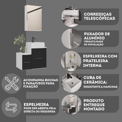 Conjunto Gabinete Banheiro Nivus 60 (gabinete+espelheira+cuba) Branco Preto